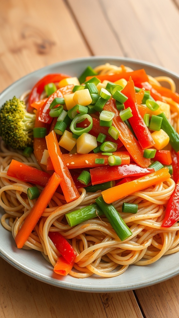 A colorful plate of stir-fried noodles with bell peppers, carrots, and broccoli, garnished with sesame seeds and green onions.